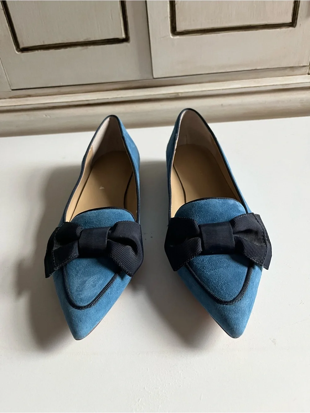 Ann Taylor Ziggy Suede Slip On Ballet Flats Blue Black Ribbon Size 6.5M